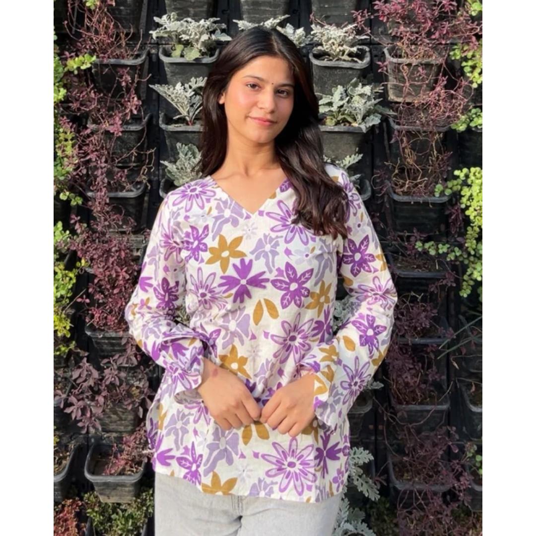 White And Purple Cotton Short Kurti