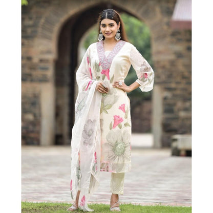 Off White Printed Embroidery Georgette Kurti Set