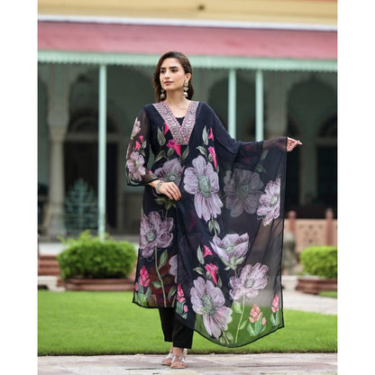 Black Printed Embroidery Georgette Kurti Set