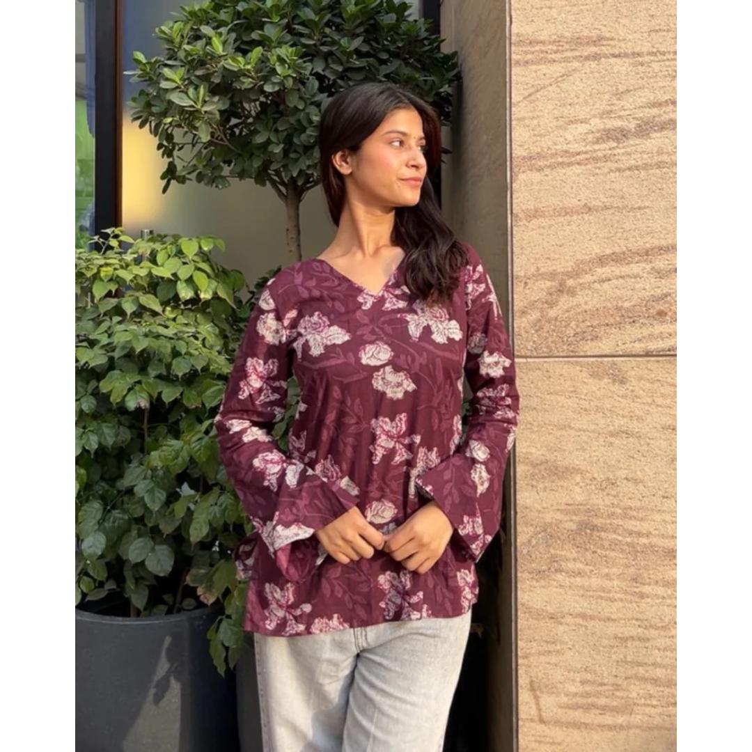 Wine Floral Cotton Short Kurti