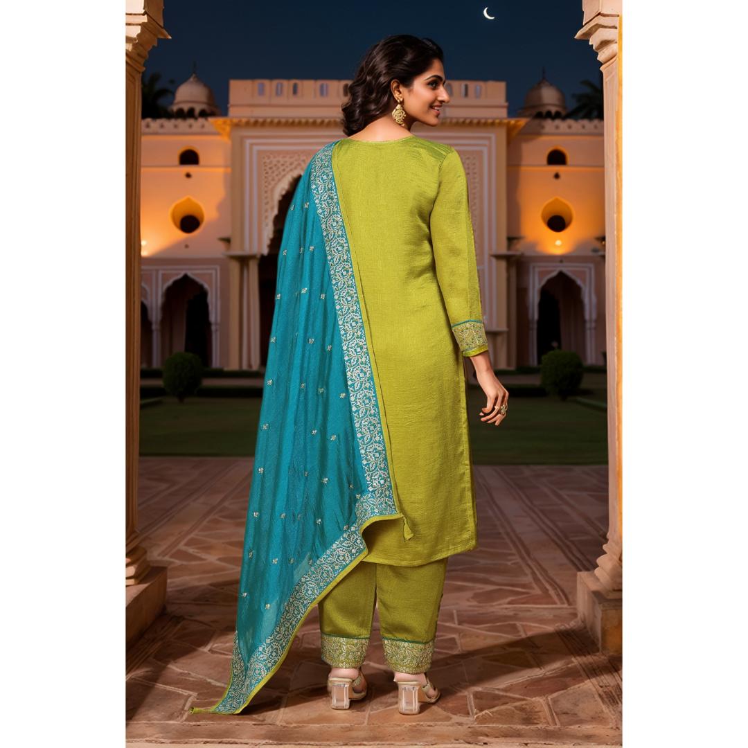 Mehandi Green Embroidery Kurti Set