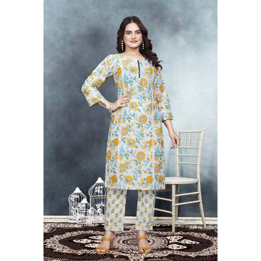 Gray And Yellow Floral Kurti Pant Set