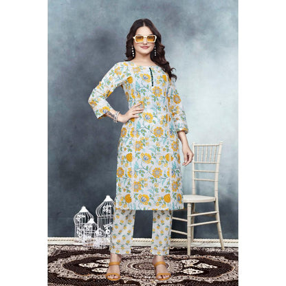 Gray And Yellow Floral Kurti Pant Set