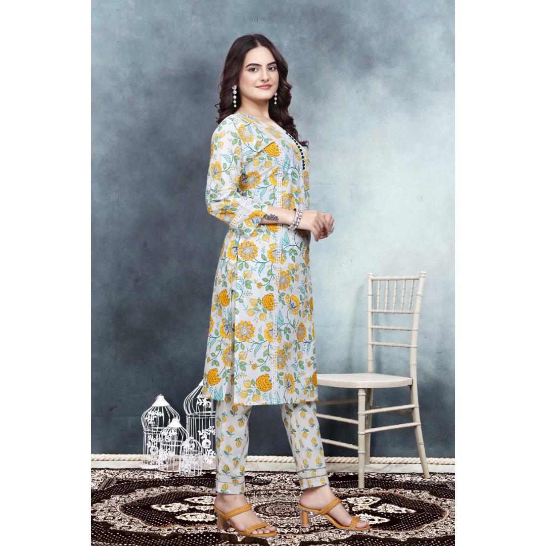 Gray And Yellow Floral Kurti Pant Set