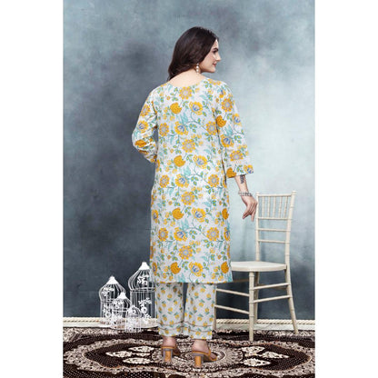 Gray And Yellow Floral Kurti Pant Set