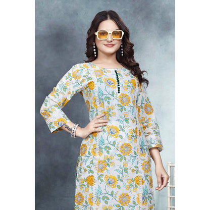 Gray And Yellow Floral Kurti Pant Set