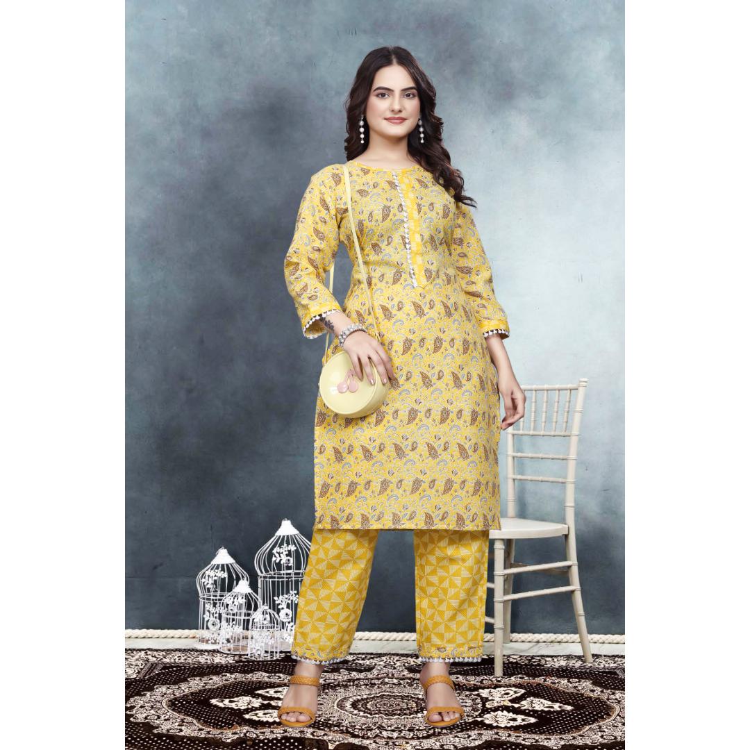 Yellow Floral Cotton Kurti Pant Set