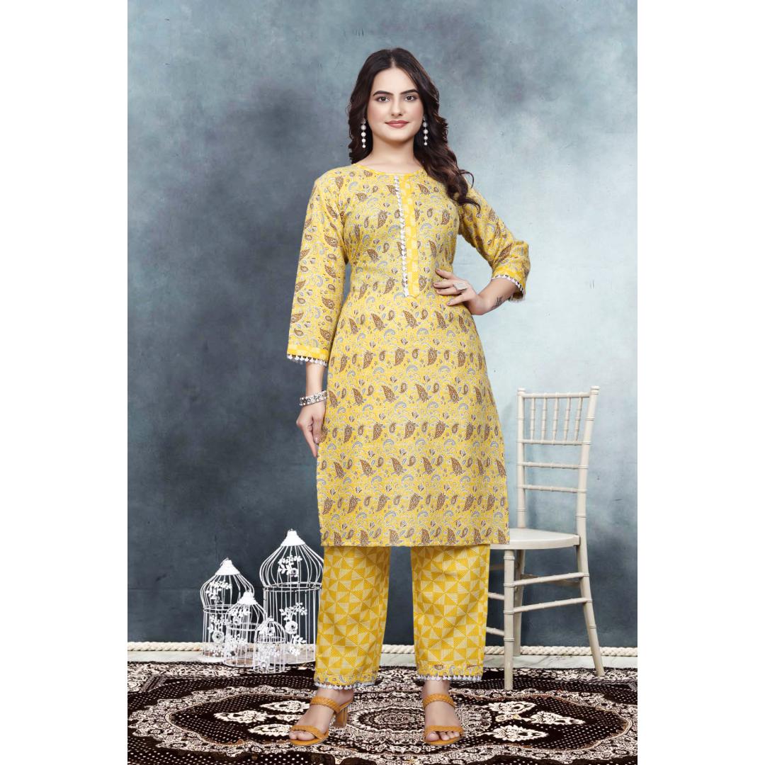 Yellow Floral Cotton Kurti Pant Set