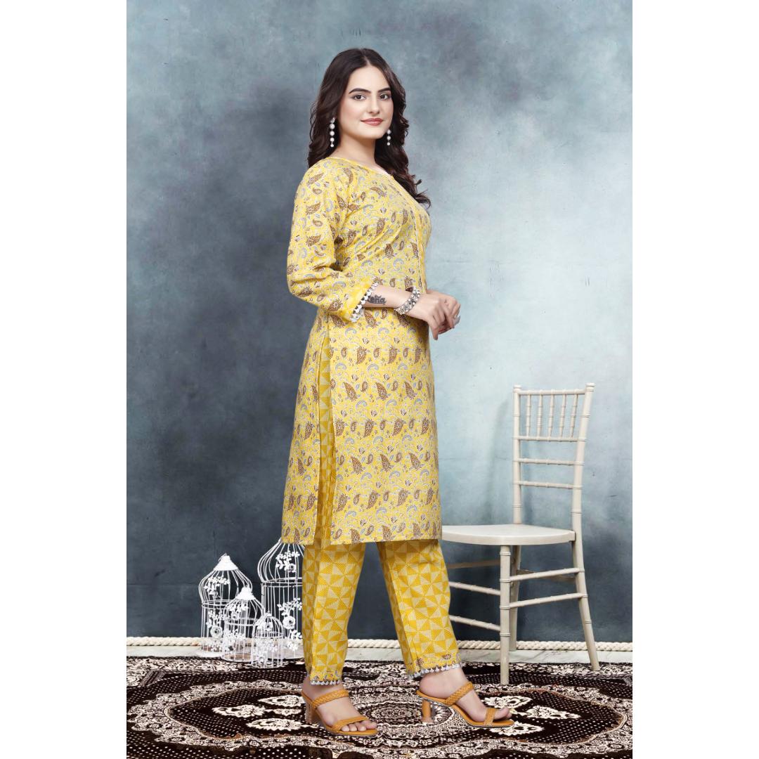 Yellow Floral Cotton Kurti Pant Set