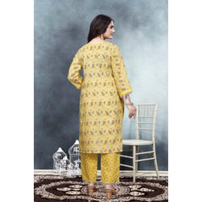 Yellow Floral Cotton Kurti Pant Set