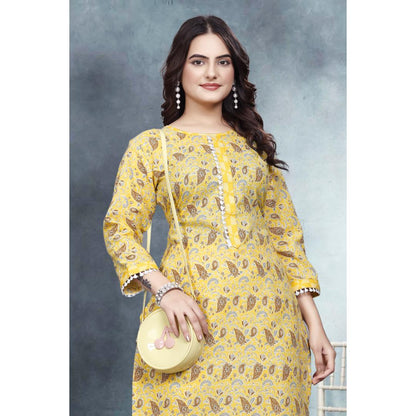 Yellow Floral Cotton Kurti Pant Set