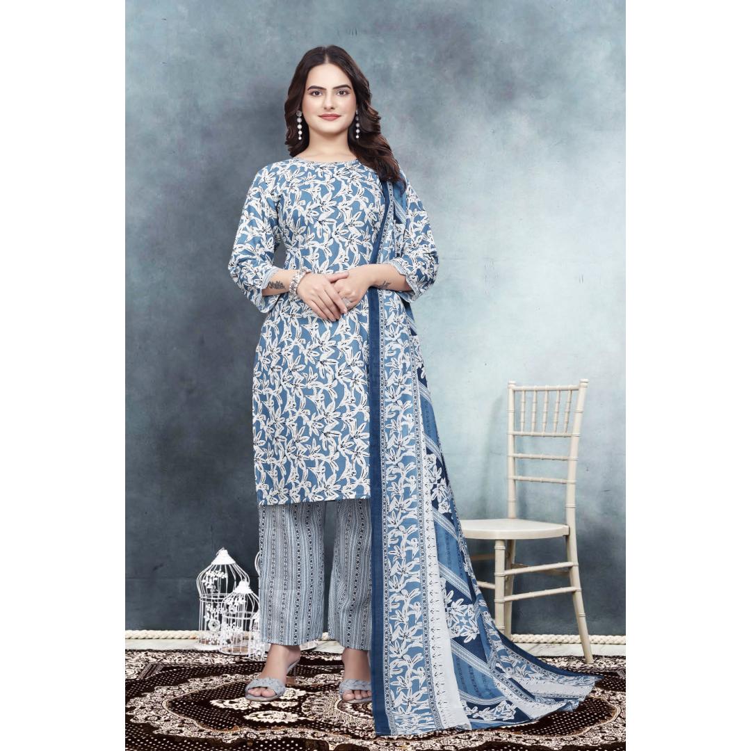 Blue Floral Cotton Kurti Set