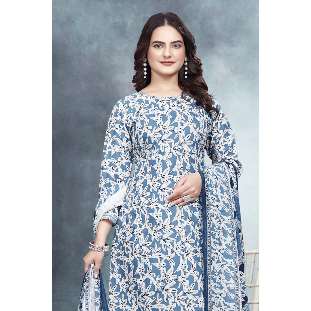 Blue Floral Cotton Kurti Set