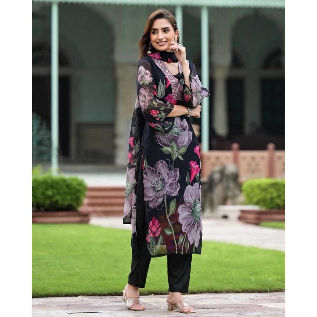 Black Printed Embroidery Georgette Kurti Set