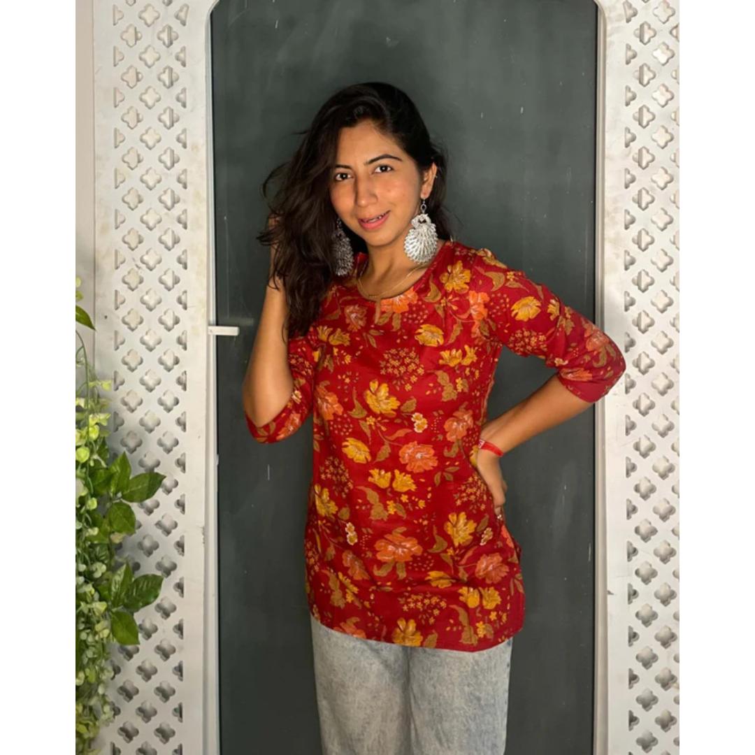 Red Floral Cotton Short Kurti