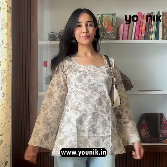 White And Gray Foil Printed Pure Cotton Short Kurti