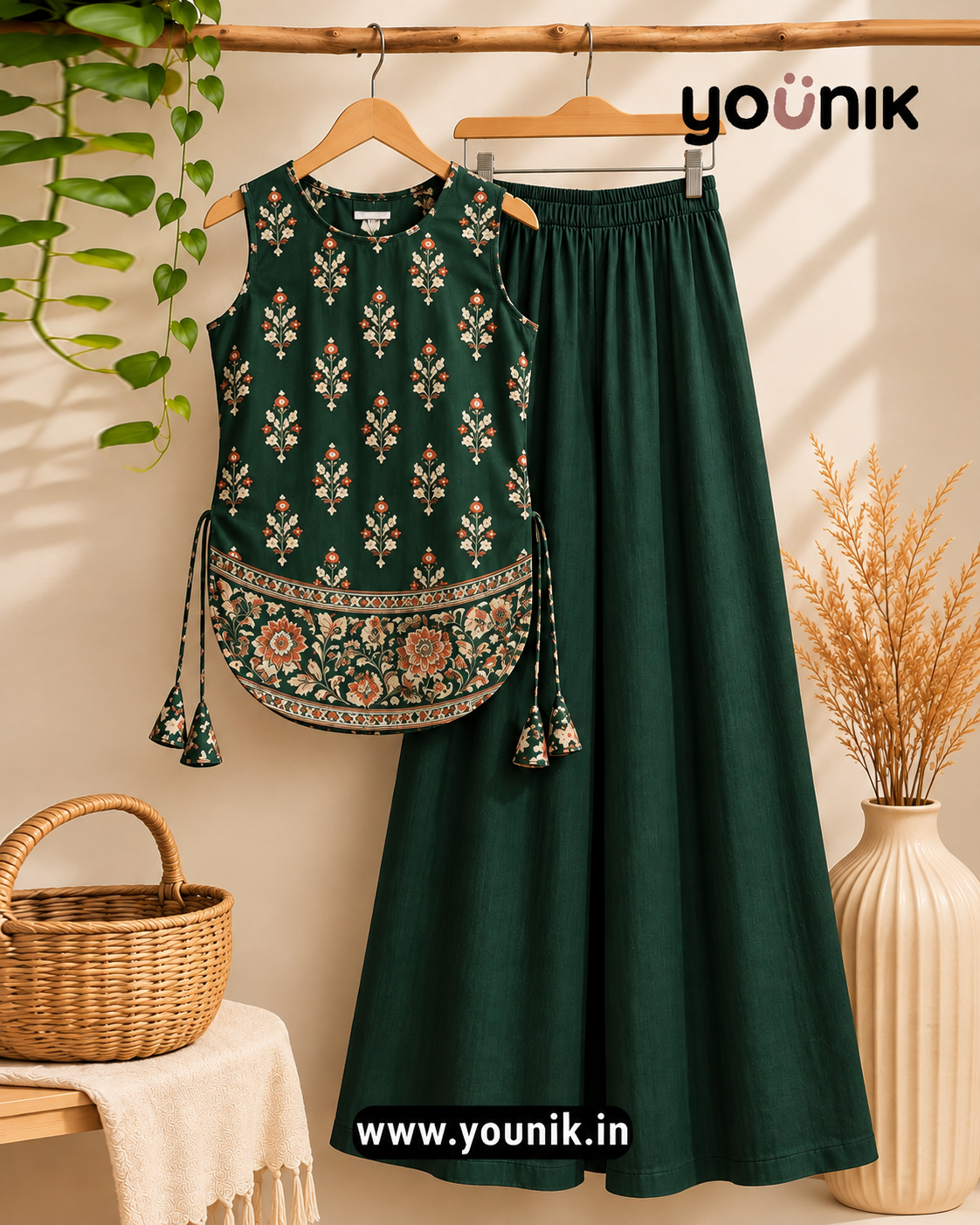 Dark Green Floral Printed Sleeveless Kurti Palazzo Co-Ord Set