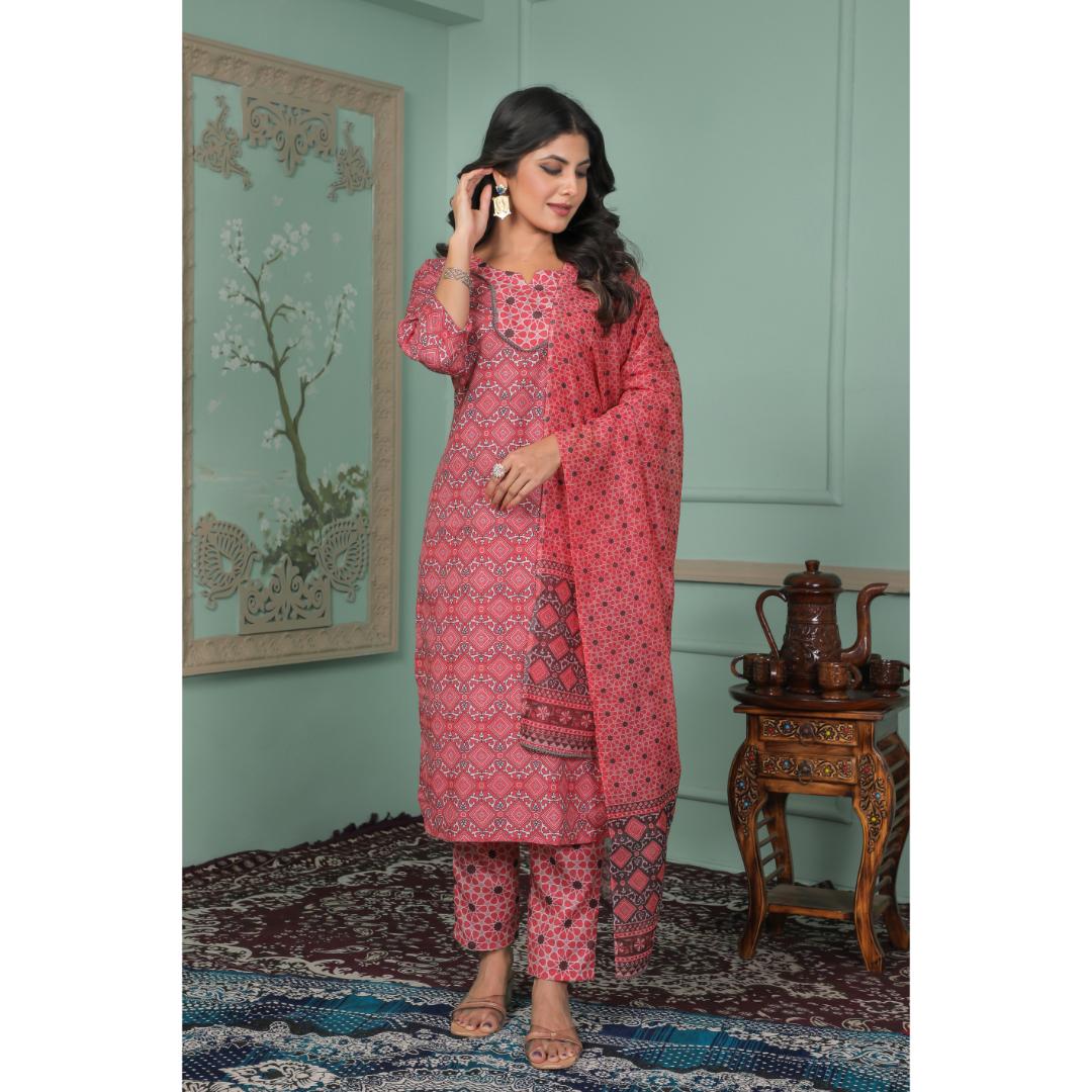 Red Printed Lace Work Rayon Kurti Set