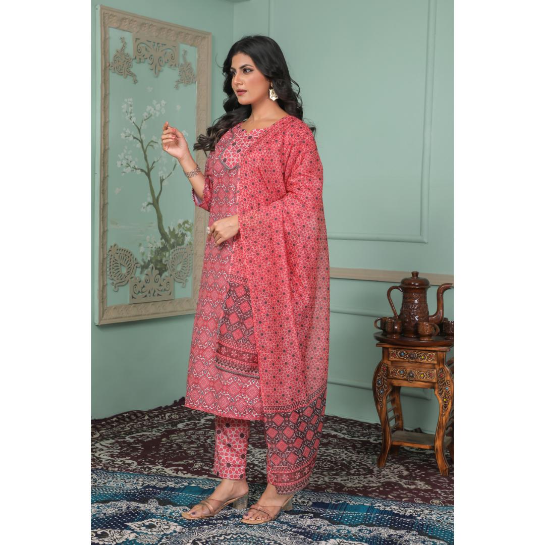 Red Printed Lace Work Rayon Kurti Set