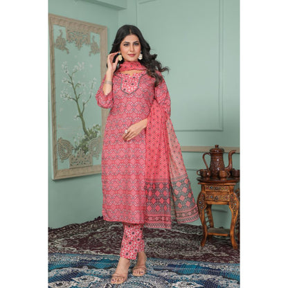 Red Printed Lace Work Rayon Kurti Set