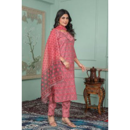 Red Printed Lace Work Rayon Kurti Set