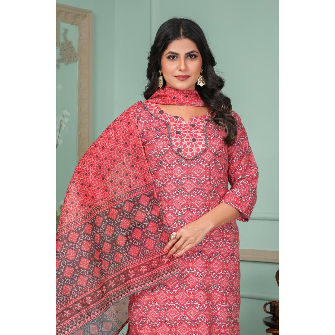 Red Printed Lace Work Rayon Kurti Set