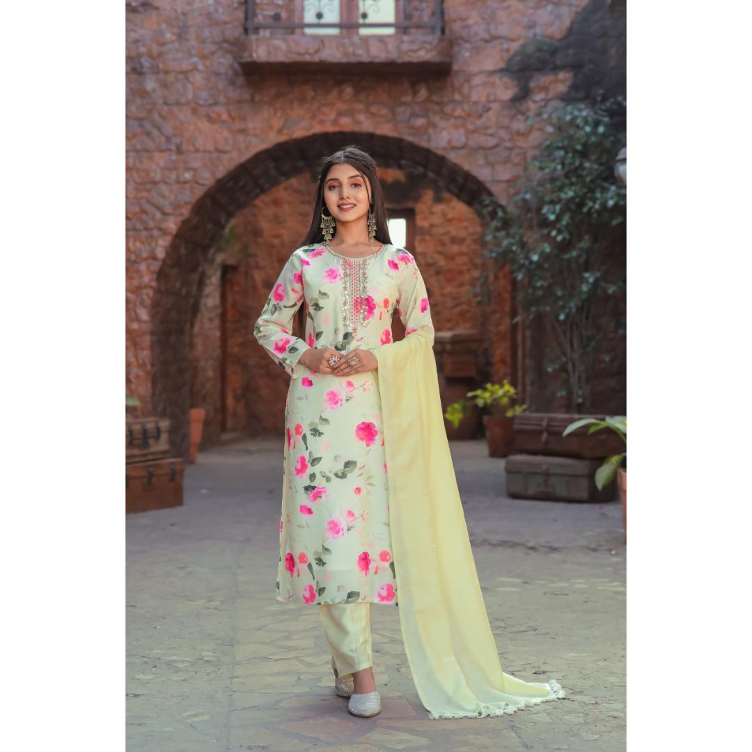 Light Yellow Floral Printed With Embrodery Cotton Kurti Set