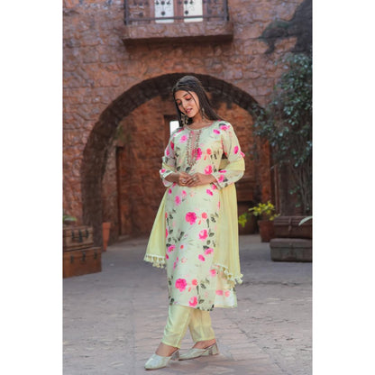 Light Yellow Floral Printed With Embrodery Cotton Kurti Set