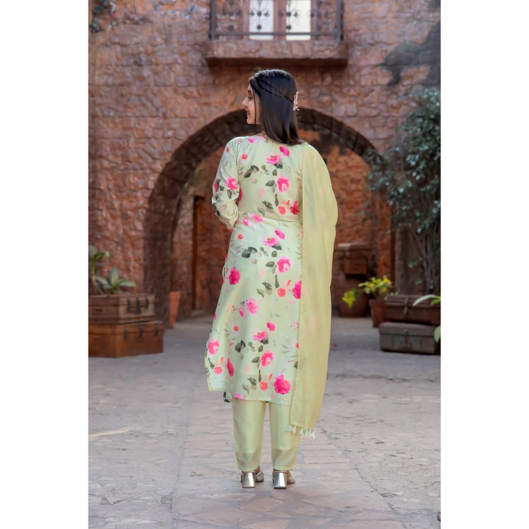 Light Yellow Floral Printed With Embrodery Cotton Kurti Set