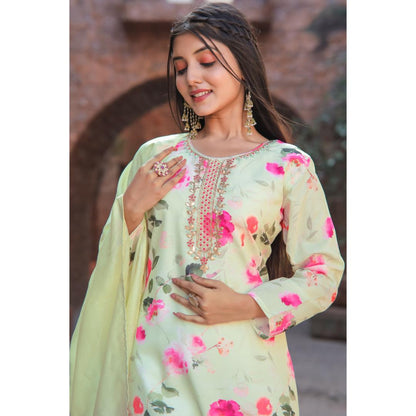 Light Yellow Floral Printed With Embrodery Cotton Kurti Set