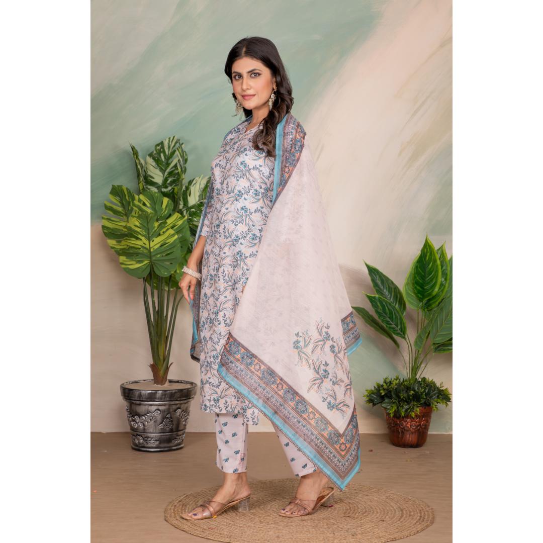 White Printed Cotton Kurti Set