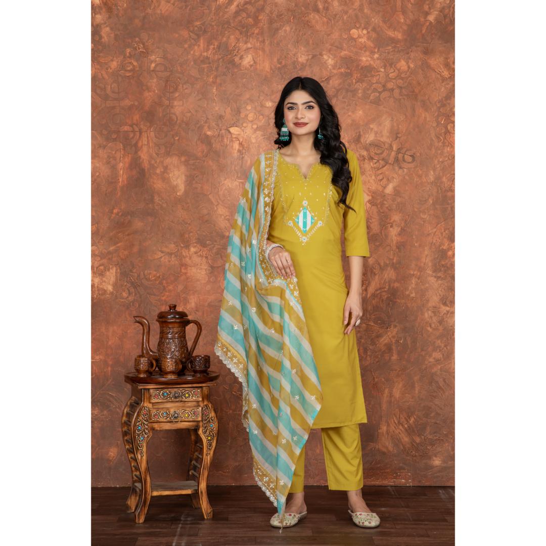 Mustard Embroidery Roman Silk Kurti Set