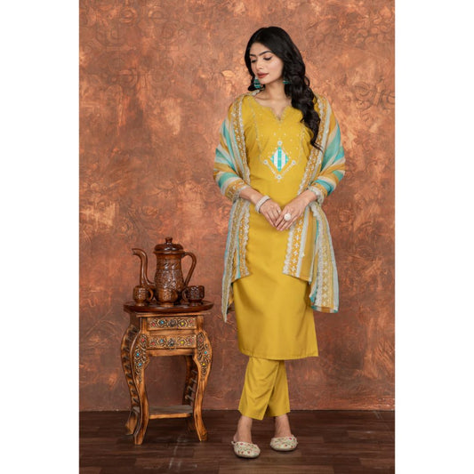 Mustard Embroidery Roman Silk Kurti Set