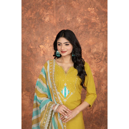 Mustard Embroidery Roman Silk Kurti Set