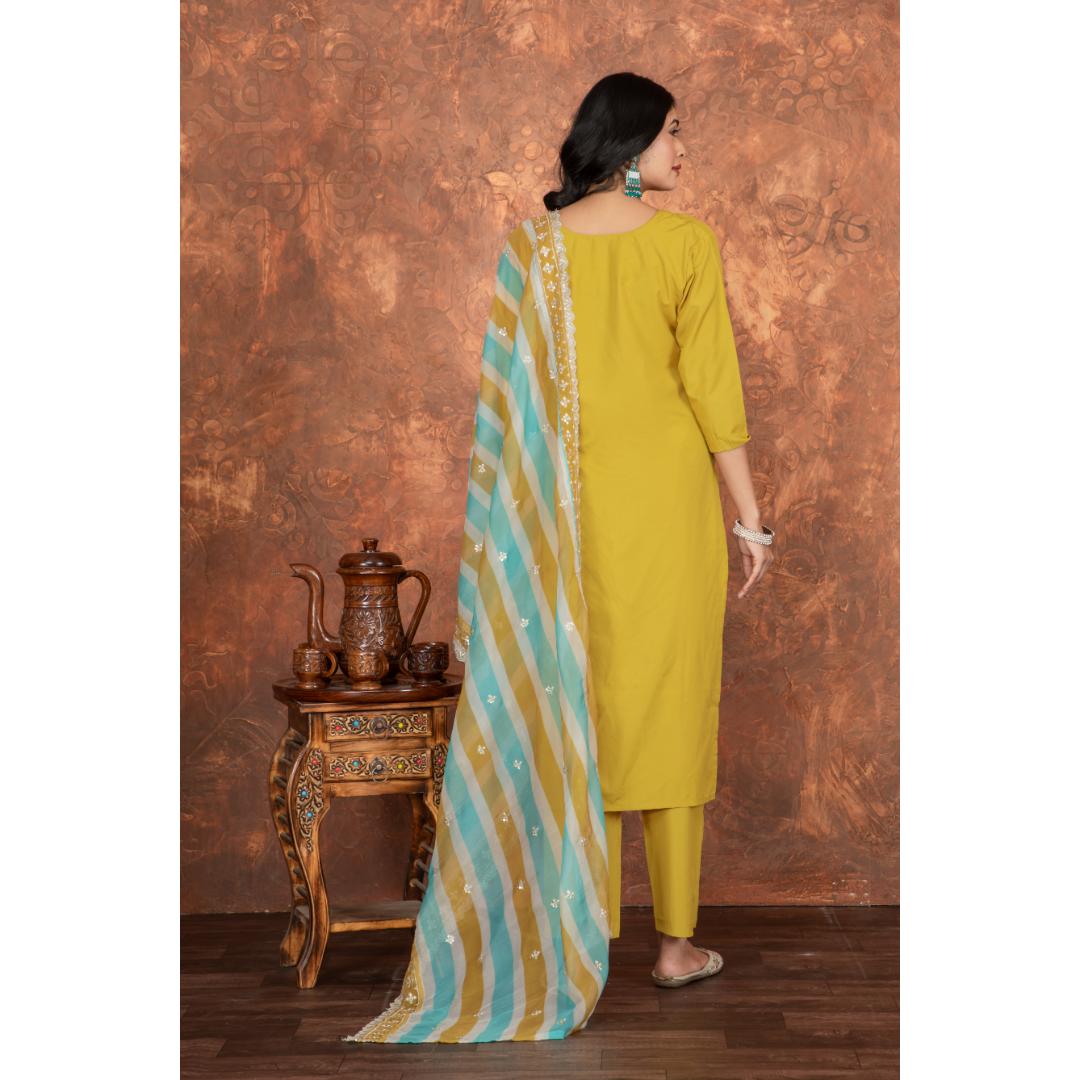 Mustard Embroidery Roman Silk Kurti Set