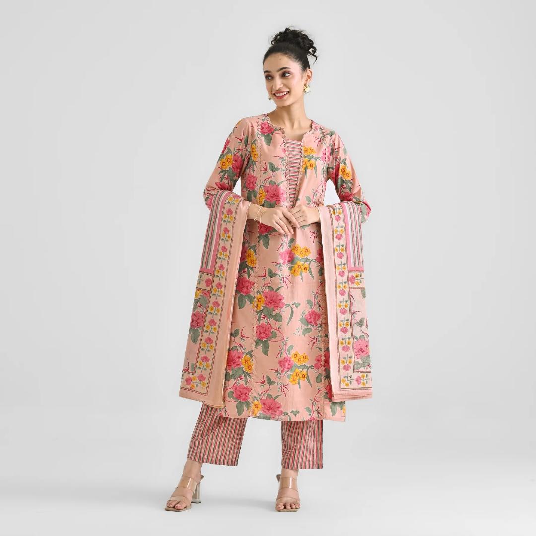 Peach Printed Lace Work Cotton Kurti Set