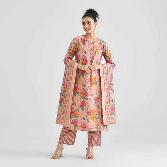 Peach Printed Lace Work Cotton Kurti Set