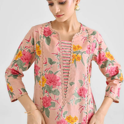 Peach Printed Lace Work Cotton Kurti Set