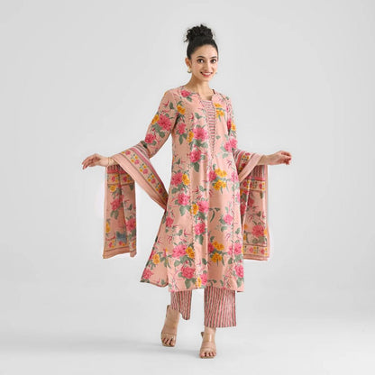 Peach Printed Lace Work Cotton Kurti Set