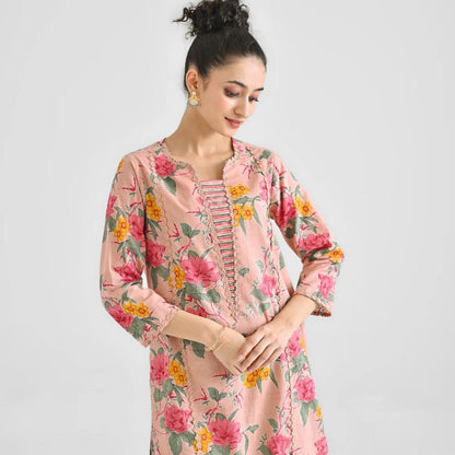 Peach Printed Lace Work Cotton Kurti Set