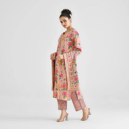 Peach Printed Lace Work Cotton Kurti Set