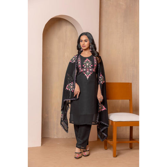 Black Embroidery Georgette Kurti Set