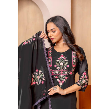 Black Embroidery Georgette Kurti Set