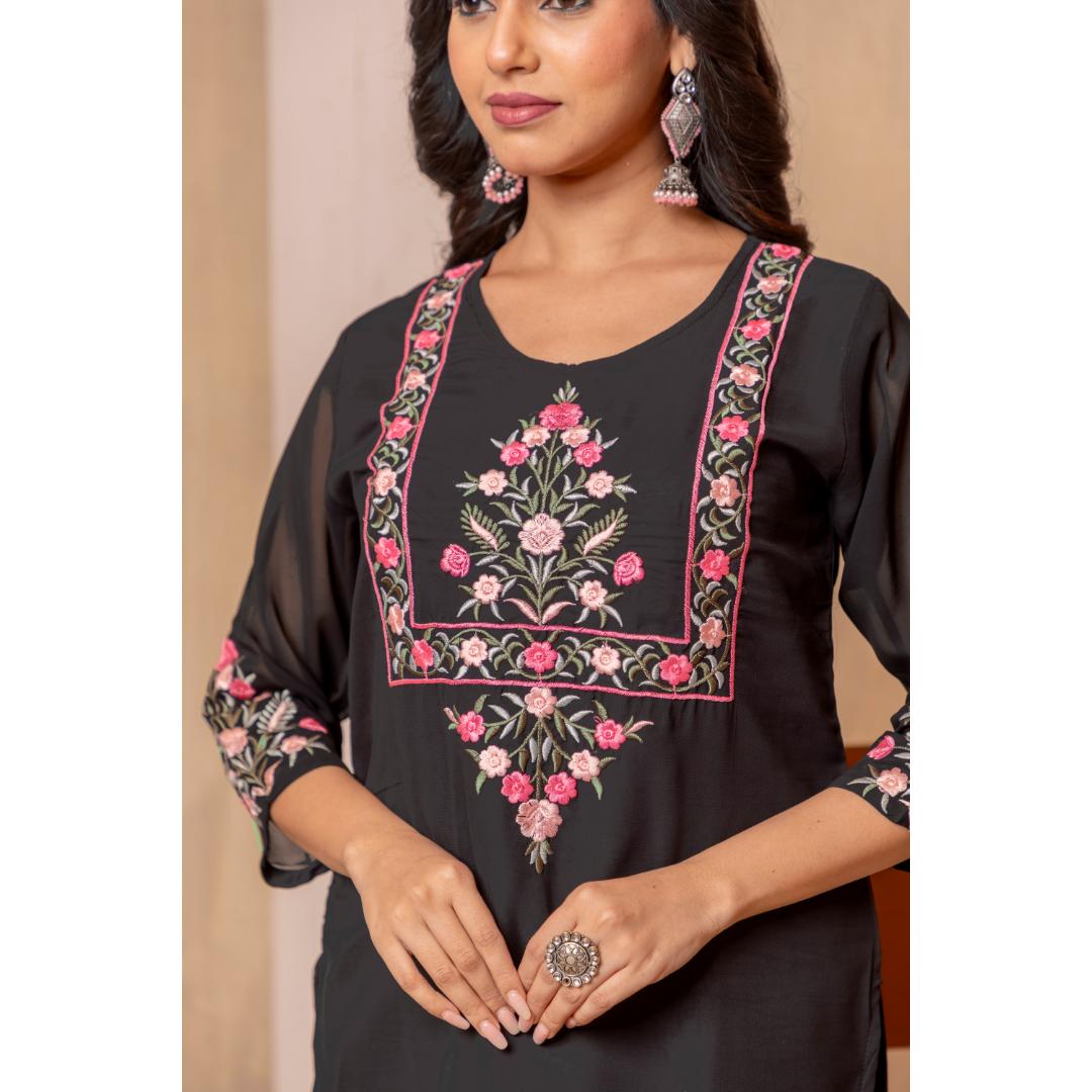 Black Embroidery Georgette Kurti Set