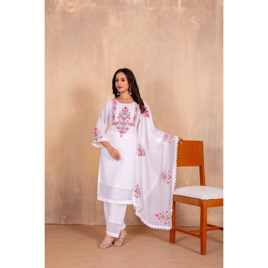 White Embroidery Georgette Kurti Set