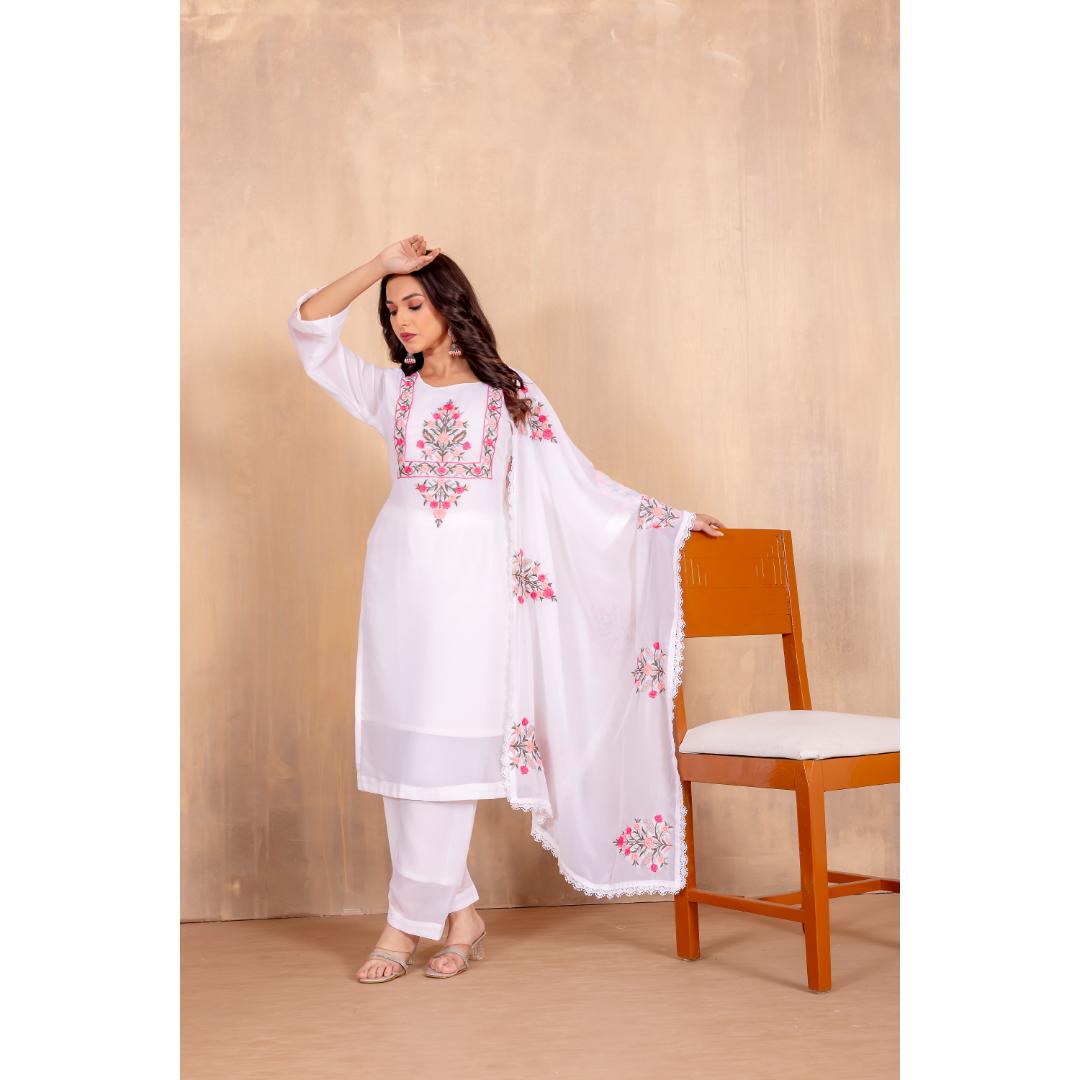 White Embroidery Georgette Kurti Set