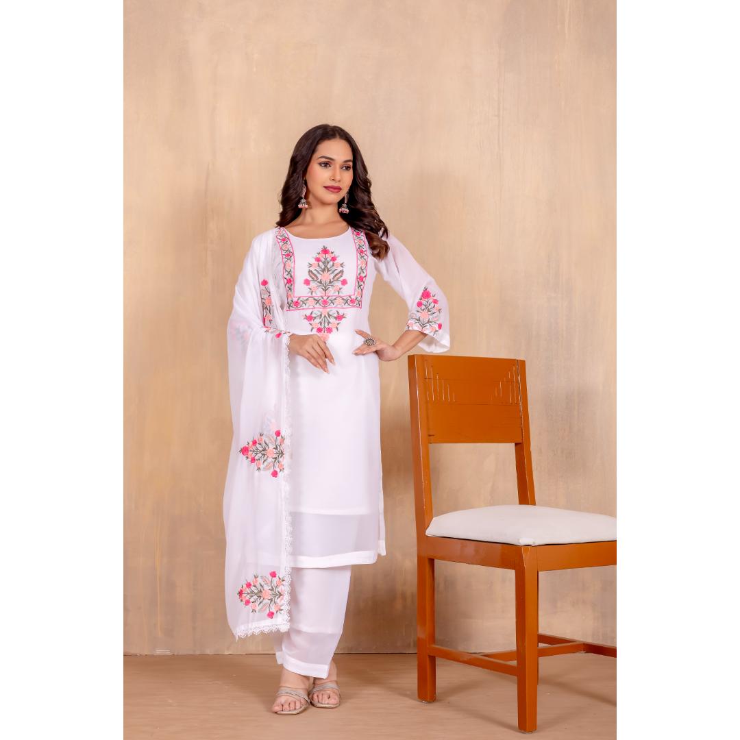 White Embroidery Georgette Kurti Set