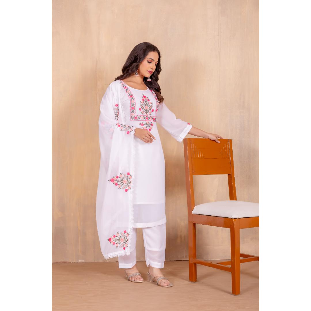 White Embroidery Georgette Kurti Set