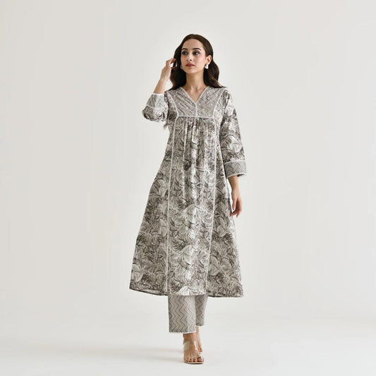 Grey Moti Lace Work Cotton Kurti Set