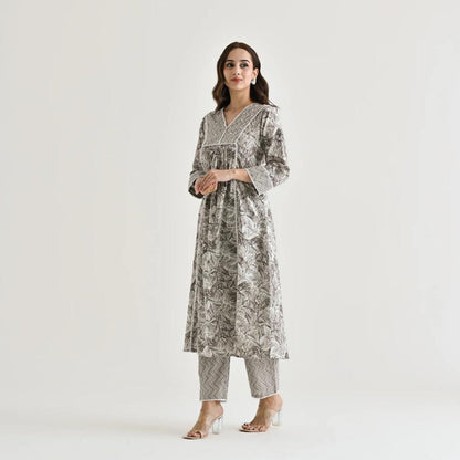 Grey Moti Lace Work Cotton Kurti Set